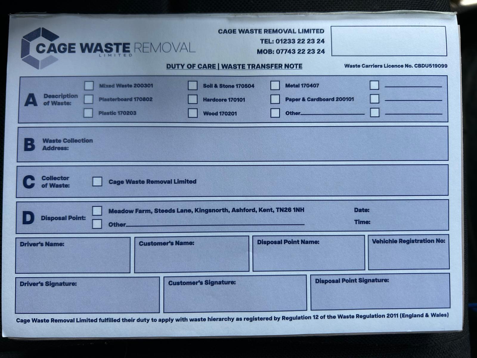 Cage Waste Removal Waste Transfer Note